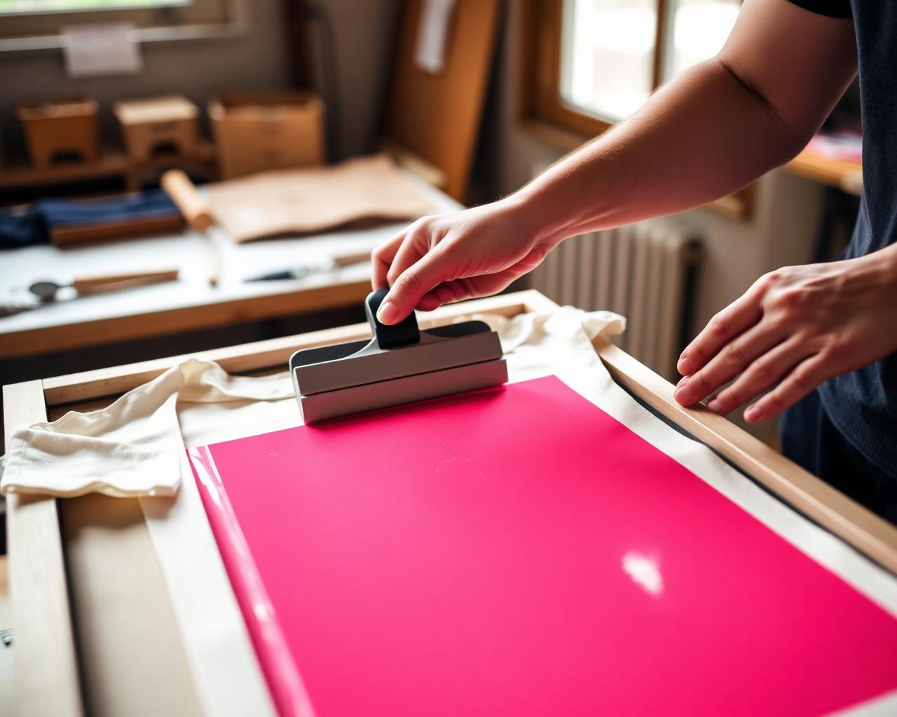 Pulling coral ink across a silkscreen frame in the studio